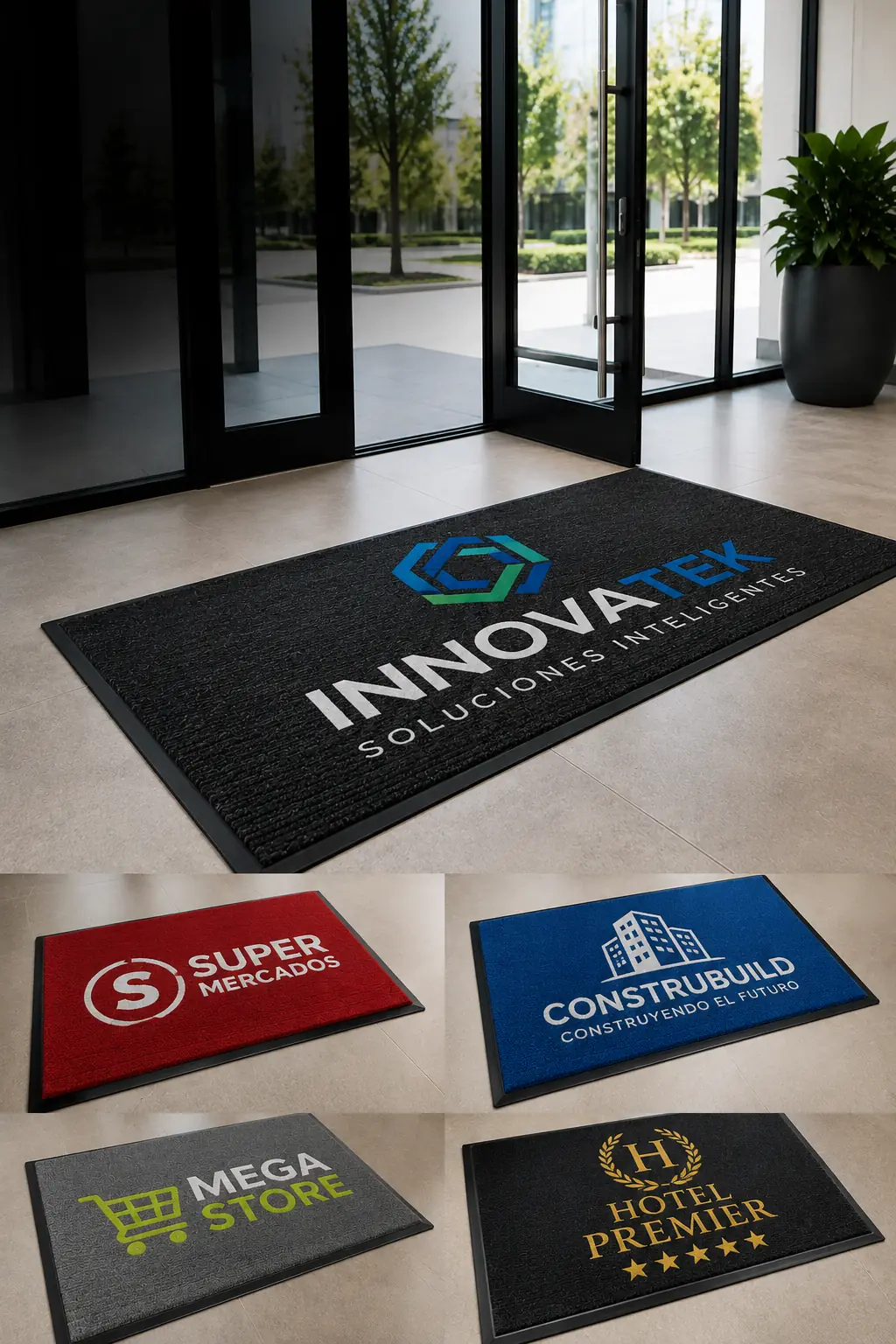 Tapete atrapamugre personalizado de PVC instalado en la entrada de un edificio, junto a ejemplos de personalización con logos de distintas empresas