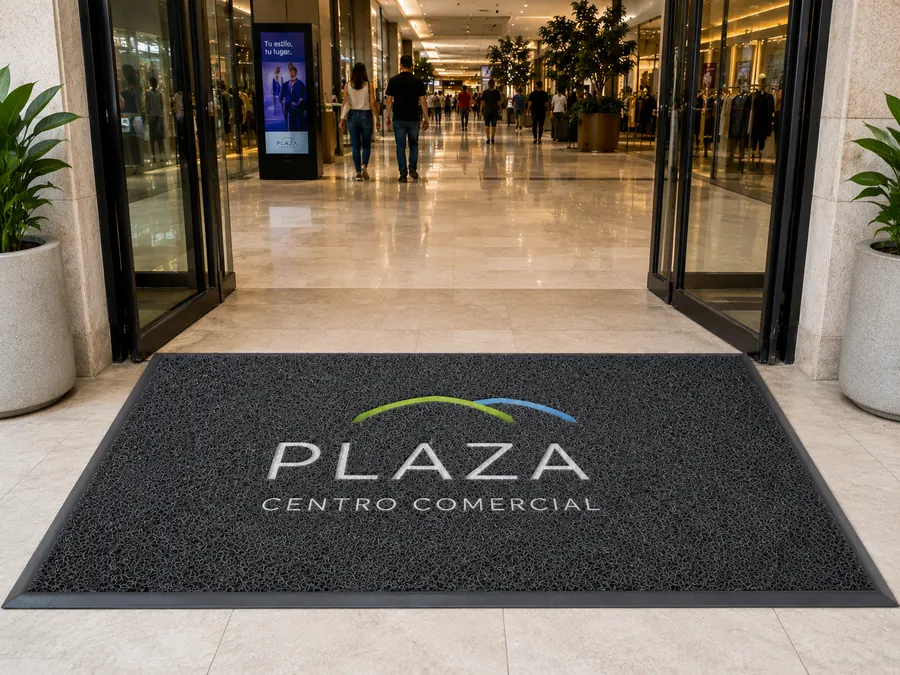 Tapete atrapamugre personalizado con logo en la entrada de un centro comercial (tráfico pesado)
